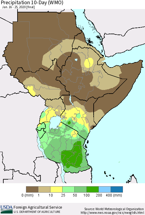 Eastern Africa Precipitation 10-Day (WMO) Thematic Map For 1/16/2020 - 1/25/2020