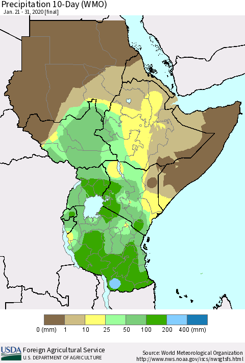 Eastern Africa Precipitation 10-Day (WMO) Thematic Map For 1/21/2020 - 1/31/2020