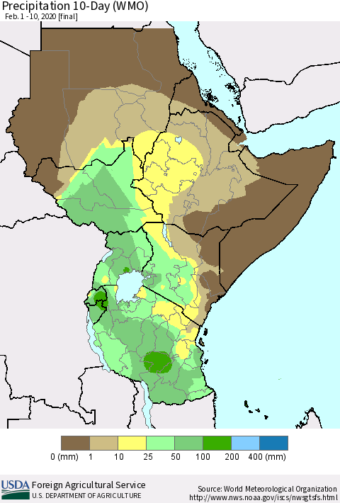 Eastern Africa Precipitation 10-Day (WMO) Thematic Map For 2/1/2020 - 2/10/2020