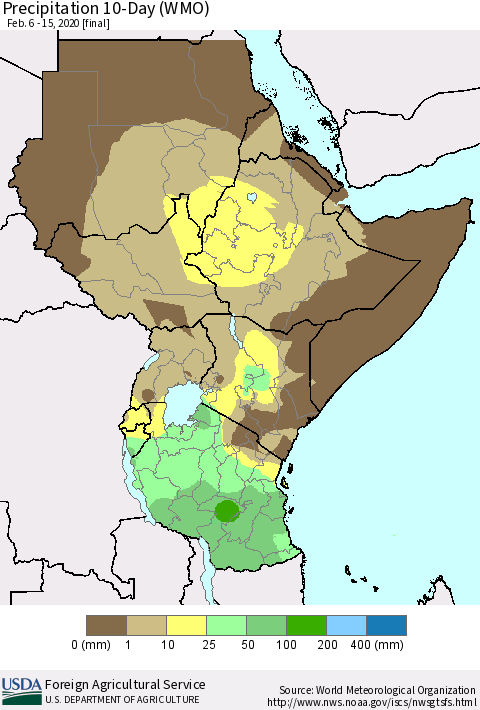 Eastern Africa Precipitation 10-Day (WMO) Thematic Map For 2/6/2020 - 2/15/2020