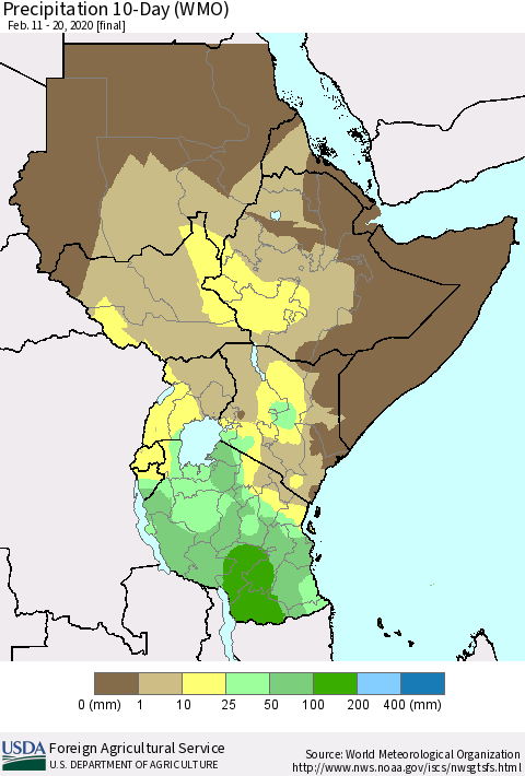 Eastern Africa Precipitation 10-Day (WMO) Thematic Map For 2/11/2020 - 2/20/2020