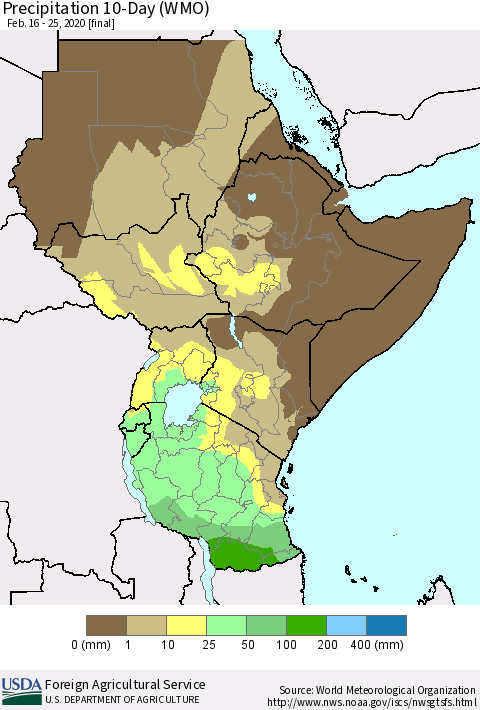 Eastern Africa Precipitation 10-Day (WMO) Thematic Map For 2/16/2020 - 2/25/2020