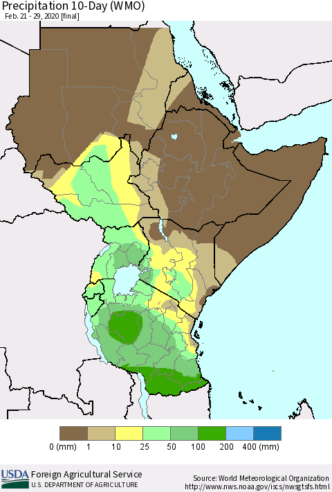 Eastern Africa Precipitation 10-Day (WMO) Thematic Map For 2/21/2020 - 2/29/2020