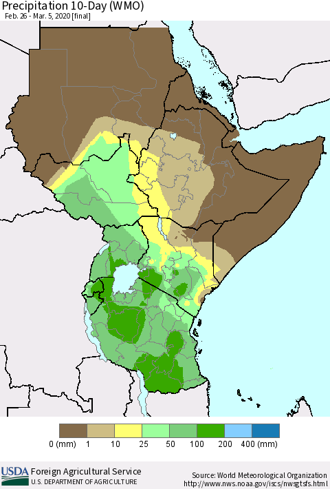 Eastern Africa Precipitation 10-Day (WMO) Thematic Map For 2/26/2020 - 3/5/2020