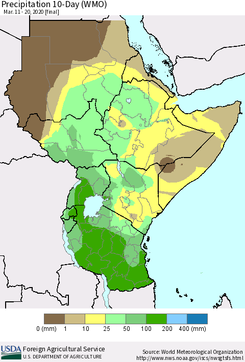 Eastern Africa Precipitation 10-Day (WMO) Thematic Map For 3/11/2020 - 3/20/2020