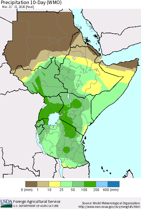Eastern Africa Precipitation 10-Day (WMO) Thematic Map For 3/21/2020 - 3/31/2020