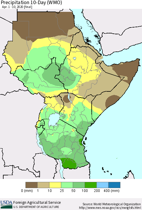 Eastern Africa Precipitation 10-Day (WMO) Thematic Map For 4/1/2020 - 4/10/2020