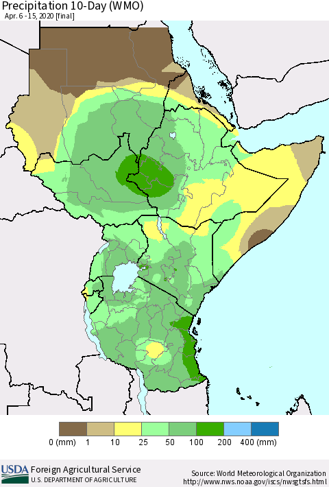 Eastern Africa Precipitation 10-Day (WMO) Thematic Map For 4/6/2020 - 4/15/2020