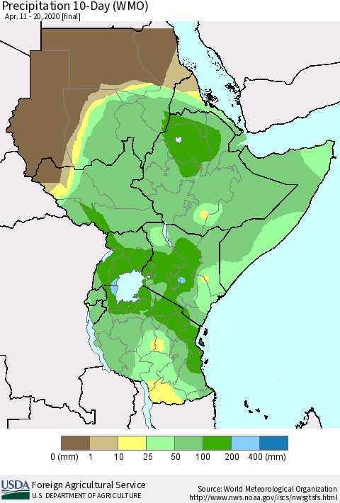 Eastern Africa Precipitation 10-Day (WMO) Thematic Map For 4/11/2020 - 4/20/2020