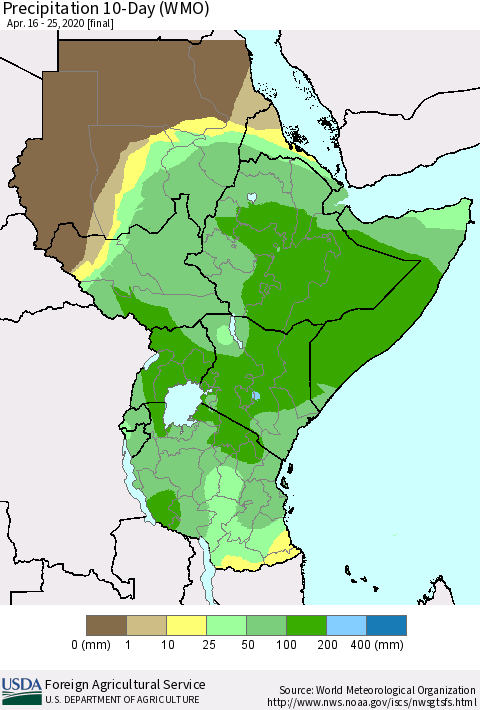 Eastern Africa Precipitation 10-Day (WMO) Thematic Map For 4/16/2020 - 4/25/2020