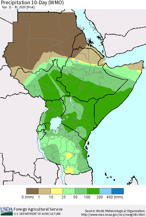 Eastern Africa Precipitation 10-Day (WMO) Thematic Map For 4/21/2020 - 4/30/2020