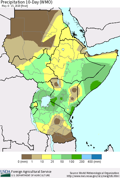 Eastern Africa Precipitation 10-Day (WMO) Thematic Map For 5/6/2020 - 5/15/2020