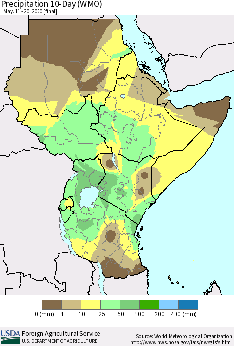 Eastern Africa Precipitation 10-Day (WMO) Thematic Map For 5/11/2020 - 5/20/2020
