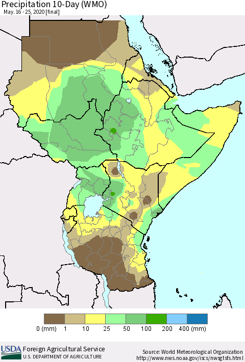 Eastern Africa Precipitation 10-Day (WMO) Thematic Map For 5/16/2020 - 5/25/2020