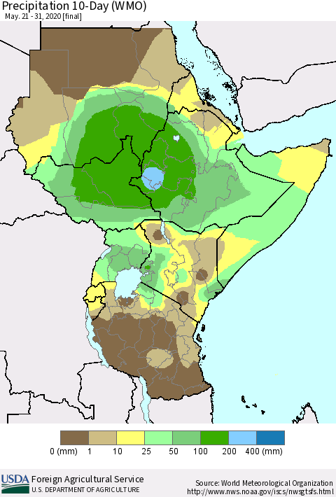 Eastern Africa Precipitation 10-Day (WMO) Thematic Map For 5/21/2020 - 5/31/2020