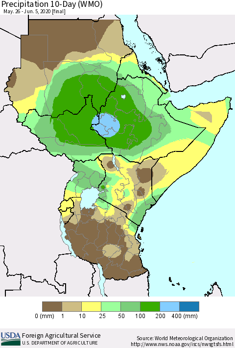 Eastern Africa Precipitation 10-Day (WMO) Thematic Map For 5/26/2020 - 6/5/2020
