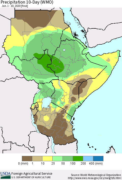 Eastern Africa Precipitation 10-Day (WMO) Thematic Map For 6/1/2020 - 6/10/2020