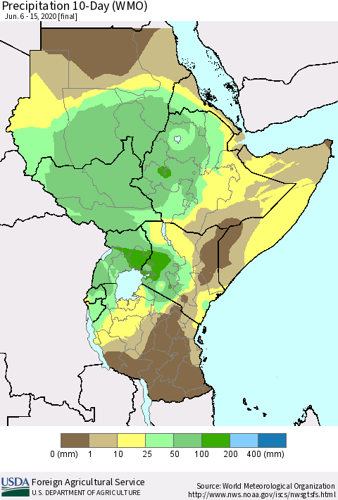 Eastern Africa Precipitation 10-Day (WMO) Thematic Map For 6/6/2020 - 6/15/2020
