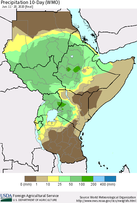 Eastern Africa Precipitation 10-Day (WMO) Thematic Map For 6/11/2020 - 6/20/2020