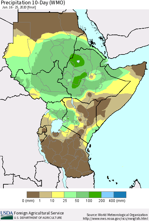 Eastern Africa Precipitation 10-Day (WMO) Thematic Map For 6/16/2020 - 6/25/2020