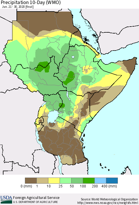 Eastern Africa Precipitation 10-Day (WMO) Thematic Map For 6/21/2020 - 6/30/2020