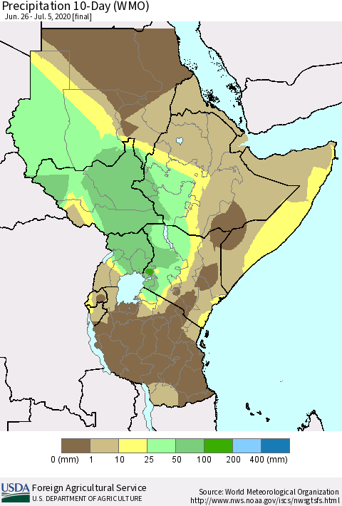 Eastern Africa Precipitation 10-Day (WMO) Thematic Map For 6/26/2020 - 7/5/2020