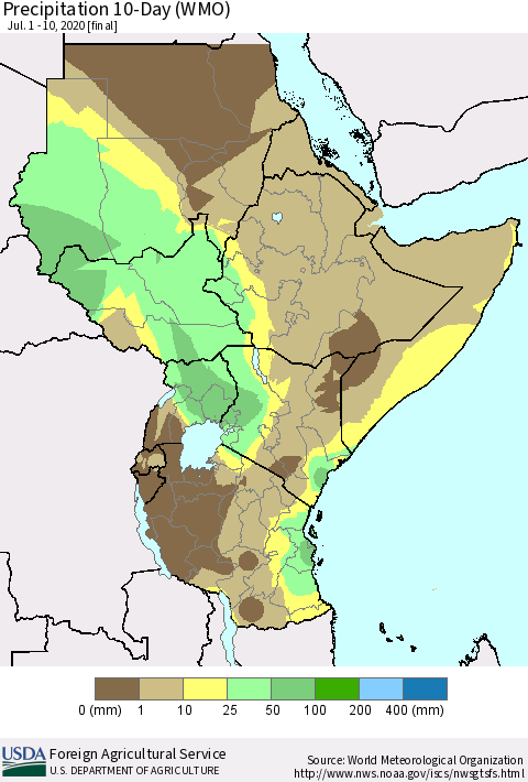 Eastern Africa Precipitation 10-Day (WMO) Thematic Map For 7/1/2020 - 7/10/2020