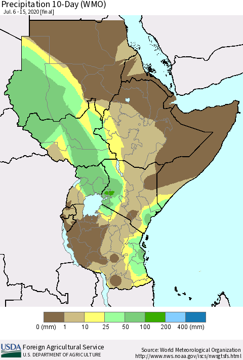 Eastern Africa Precipitation 10-Day (WMO) Thematic Map For 7/6/2020 - 7/15/2020