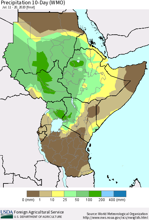 Eastern Africa Precipitation 10-Day (WMO) Thematic Map For 7/11/2020 - 7/20/2020
