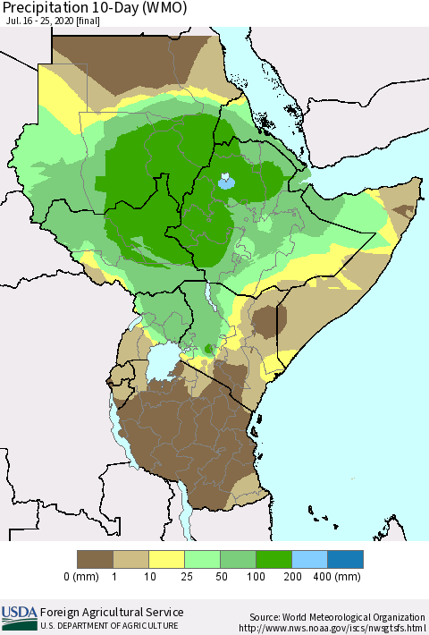 Eastern Africa Precipitation 10-Day (WMO) Thematic Map For 7/16/2020 - 7/25/2020
