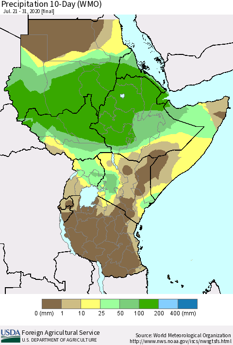 Eastern Africa Precipitation 10-Day (WMO) Thematic Map For 7/21/2020 - 7/31/2020