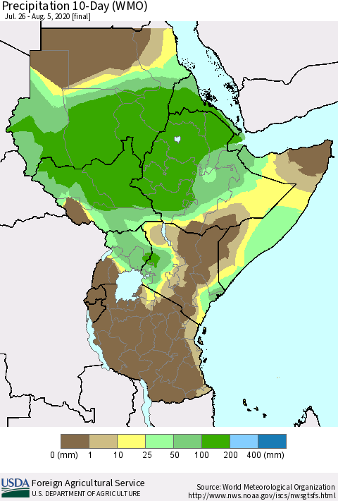 Eastern Africa Precipitation 10-Day (WMO) Thematic Map For 7/26/2020 - 8/5/2020