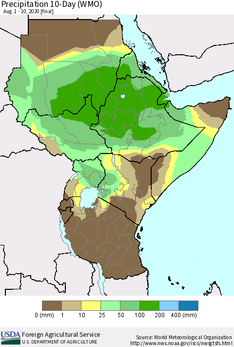 Eastern Africa Precipitation 10-Day (WMO) Thematic Map For 8/1/2020 - 8/10/2020