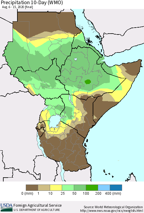 Eastern Africa Precipitation 10-Day (WMO) Thematic Map For 8/6/2020 - 8/15/2020