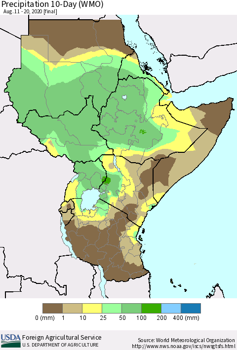 Eastern Africa Precipitation 10-Day (WMO) Thematic Map For 8/11/2020 - 8/20/2020