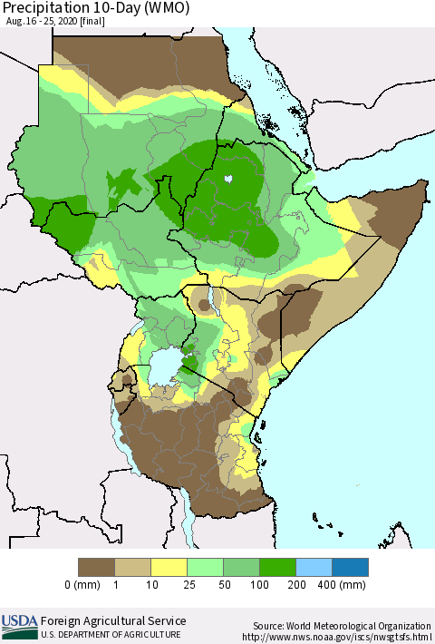 Eastern Africa Precipitation 10-Day (WMO) Thematic Map For 8/16/2020 - 8/25/2020