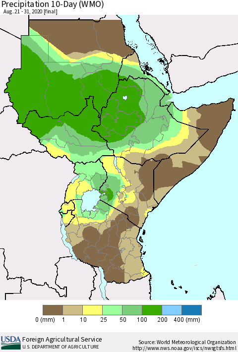 Eastern Africa Precipitation 10-Day (WMO) Thematic Map For 8/21/2020 - 8/31/2020
