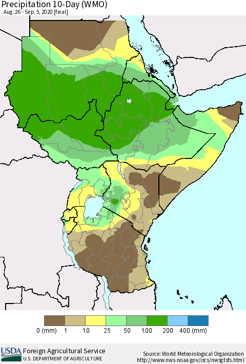 Eastern Africa Precipitation 10-Day (WMO) Thematic Map For 8/26/2020 - 9/5/2020