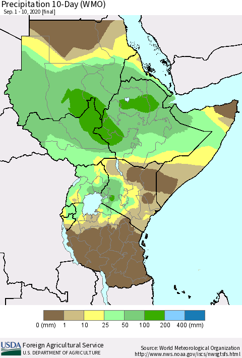 Eastern Africa Precipitation 10-Day (WMO) Thematic Map For 9/1/2020 - 9/10/2020