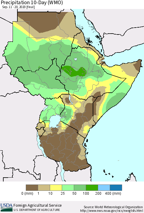 Eastern Africa Precipitation 10-Day (WMO) Thematic Map For 9/11/2020 - 9/20/2020