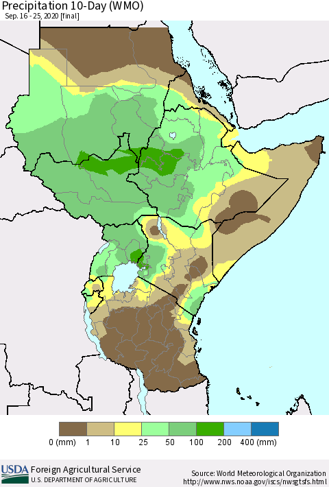 Eastern Africa Precipitation 10-Day (WMO) Thematic Map For 9/16/2020 - 9/25/2020
