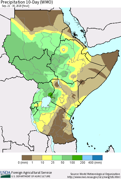 Eastern Africa Precipitation 10-Day (WMO) Thematic Map For 9/21/2020 - 9/30/2020