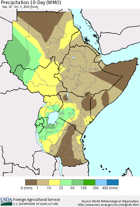 Eastern Africa Precipitation 10-Day (WMO) Thematic Map For 9/26/2020 - 10/5/2020