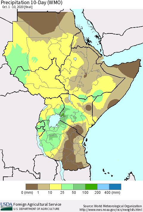 Eastern Africa Precipitation 10-Day (WMO) Thematic Map For 10/1/2020 - 10/10/2020