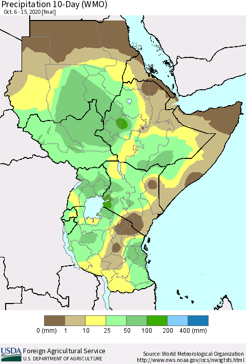 Eastern Africa Precipitation 10-Day (WMO) Thematic Map For 10/6/2020 - 10/15/2020