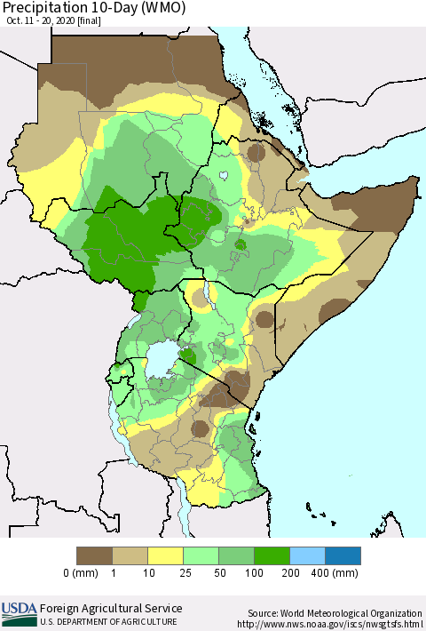 Eastern Africa Precipitation 10-Day (WMO) Thematic Map For 10/11/2020 - 10/20/2020
