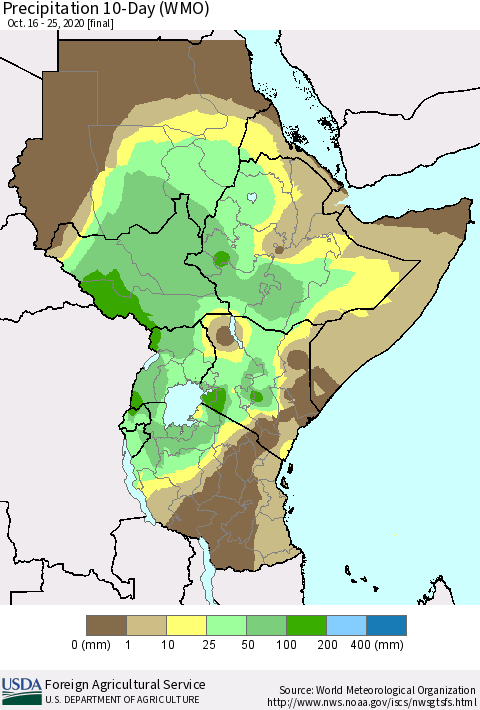 Eastern Africa Precipitation 10-Day (WMO) Thematic Map For 10/16/2020 - 10/25/2020