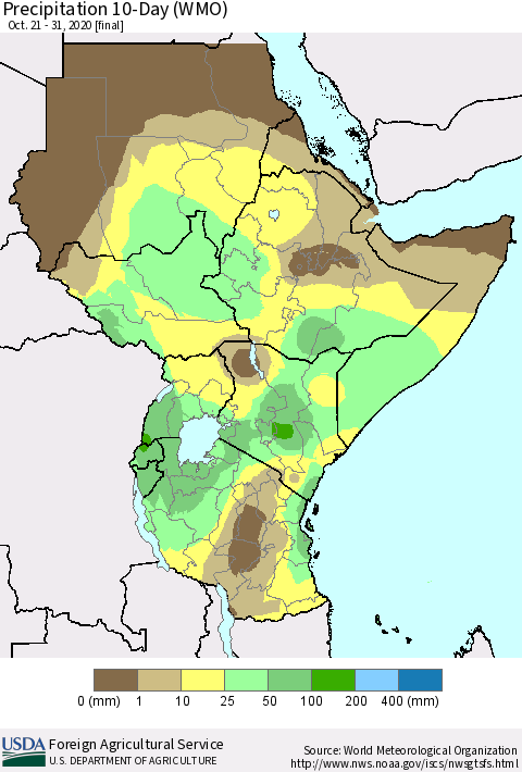 Eastern Africa Precipitation 10-Day (WMO) Thematic Map For 10/21/2020 - 10/31/2020