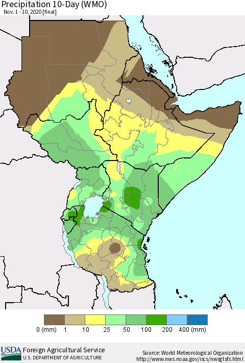 Eastern Africa Precipitation 10-Day (WMO) Thematic Map For 11/1/2020 - 11/10/2020
