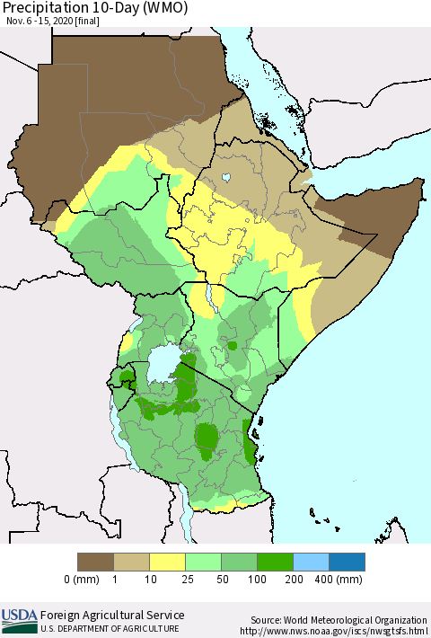 Eastern Africa Precipitation 10-Day (WMO) Thematic Map For 11/6/2020 - 11/15/2020